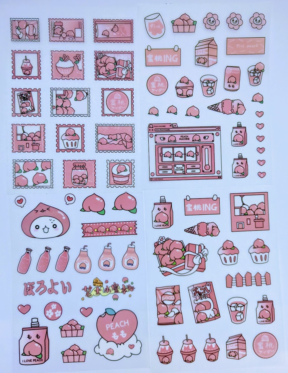 Kawaii Sticker Sheets: I love Peach Sticker Sheet, Green Dino Girl or Pink Bunny Ear Sticker sheet.