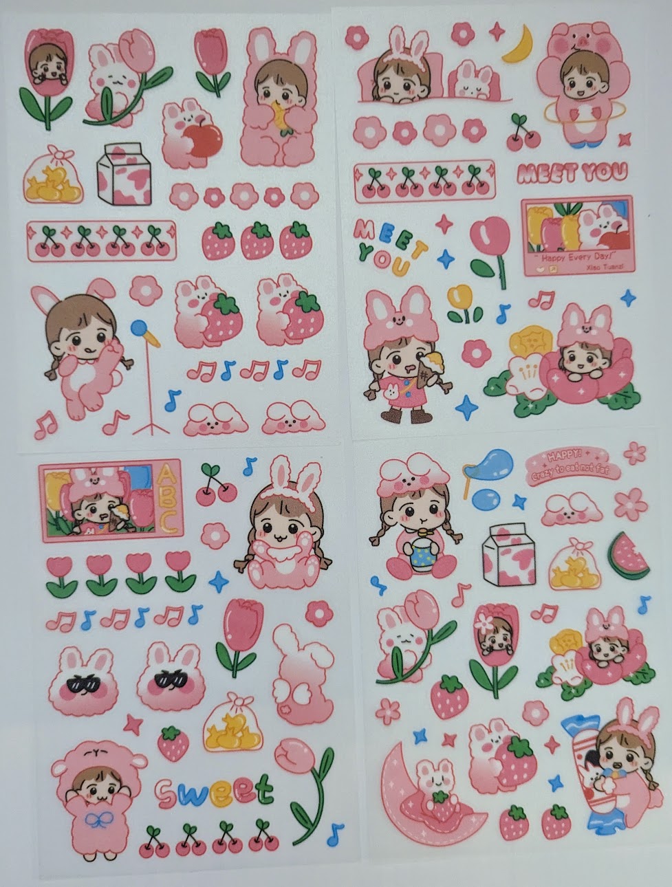 Kawaii Sticker Sheets: I love Peach Sticker Sheet, Green Dino Girl or Pink Bunny Ear Sticker sheet.